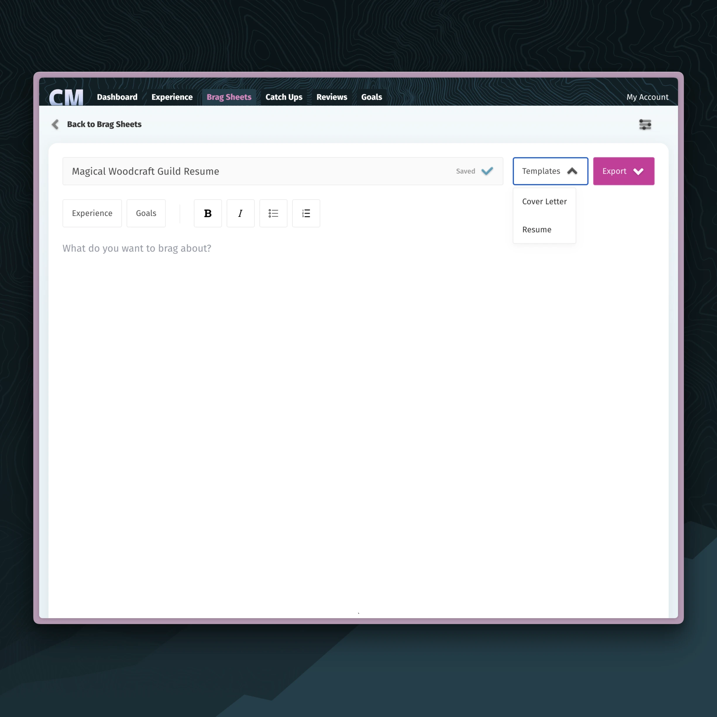 Career Minder&rsquo;s document editor with the templates menu open