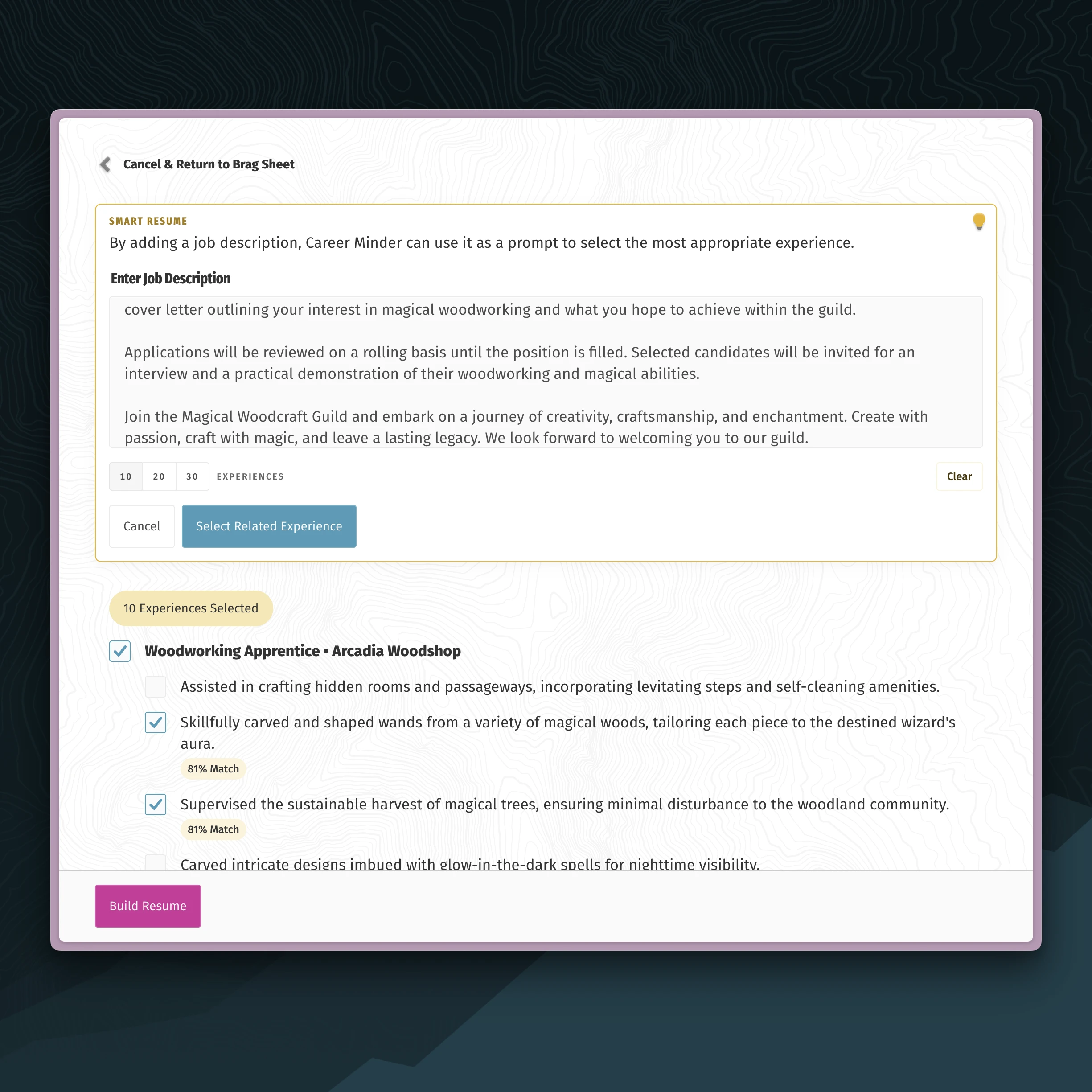 Career Minder&rsquo;s smart resume builder with content in the job description field and some related experience selected, each with a Match score